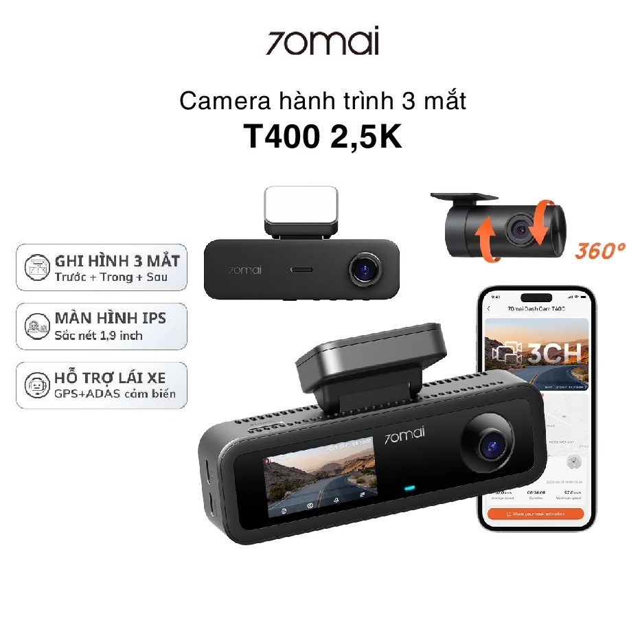 Camera hành trình ô tô 70mai T400 ghi hình 3 mắt (Trước - Trong - Sau) có tích hợp GPS, giám sát toàn diện cho xe dịch vụ, xe gia đình - Hàng chính hãng
