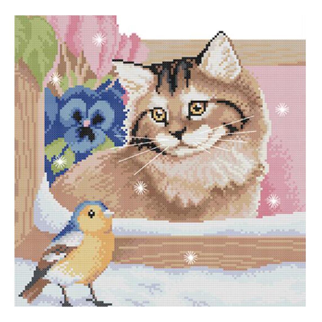 Beginners Kids Floral Cat Bird Stamped Cross Stitch Kit Accurate Home Decor 11CT