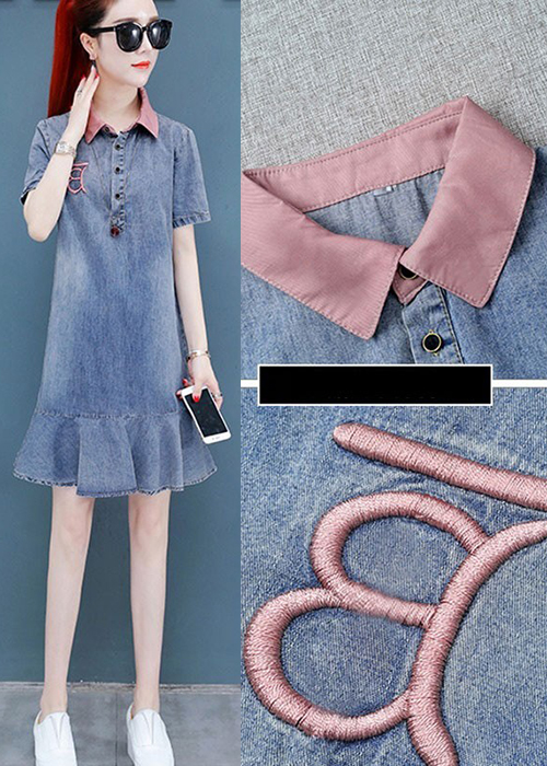 Đầm Jean Nữ Đuôi Cá Cổ Hồng Thêu Chữ Thời Trang