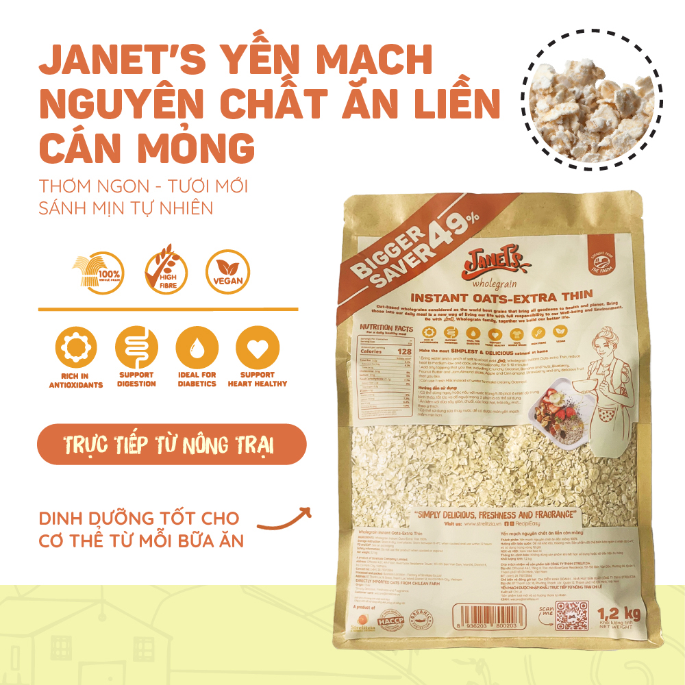 Yến mạch nguyên chất ăn liền cán mỏng Janet's 1.2kg