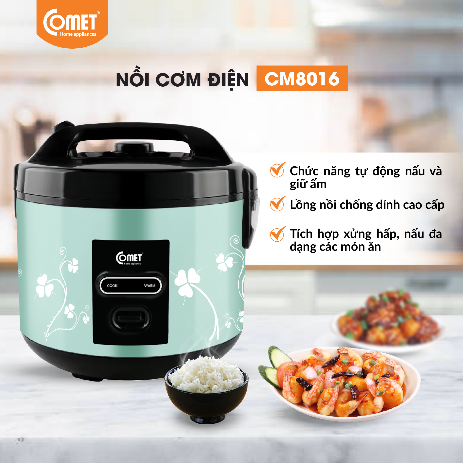 Nồi cơm điện nắp cài 1,8L COMET CM8016 - Hàng Chính Hãng