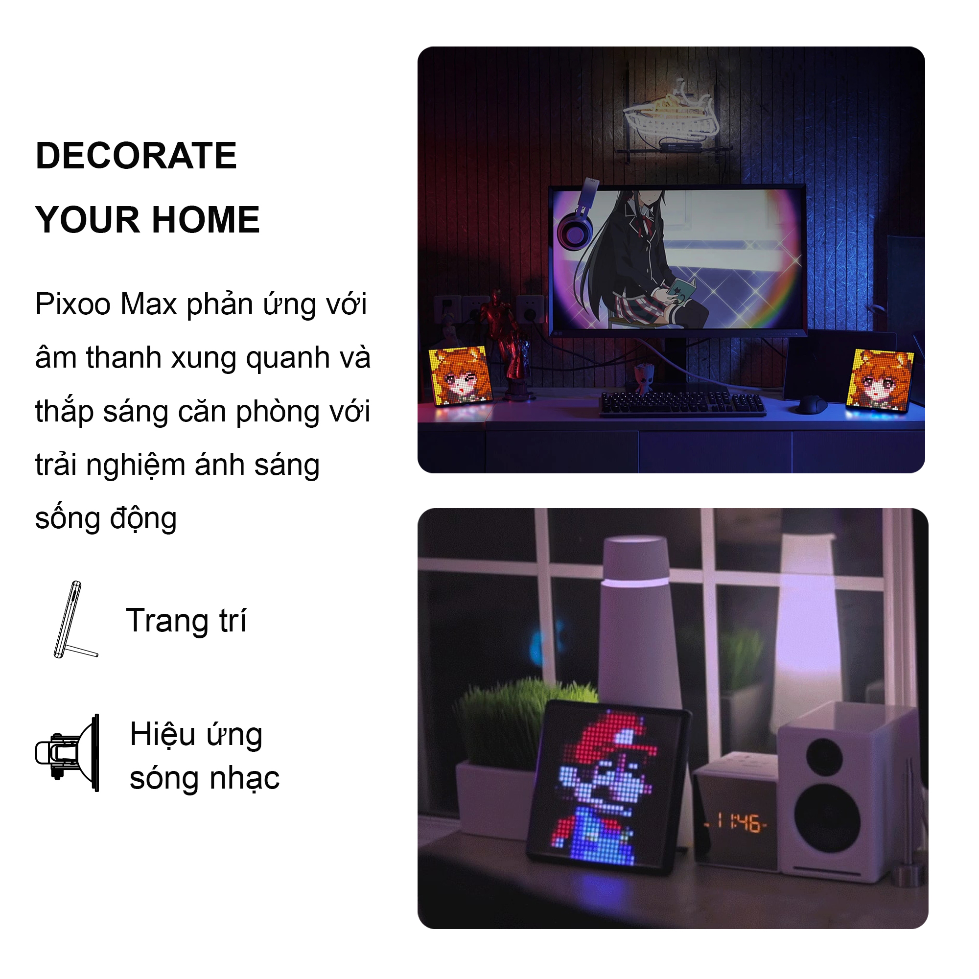 Màn hình LED Divoom Pixoo Max 32x32 pixel tích hợp App nhiều tính năng, có thể trang trí treo xe ô tô/ treo tường/ bàn - HÀNG CHÍNH HÃNG