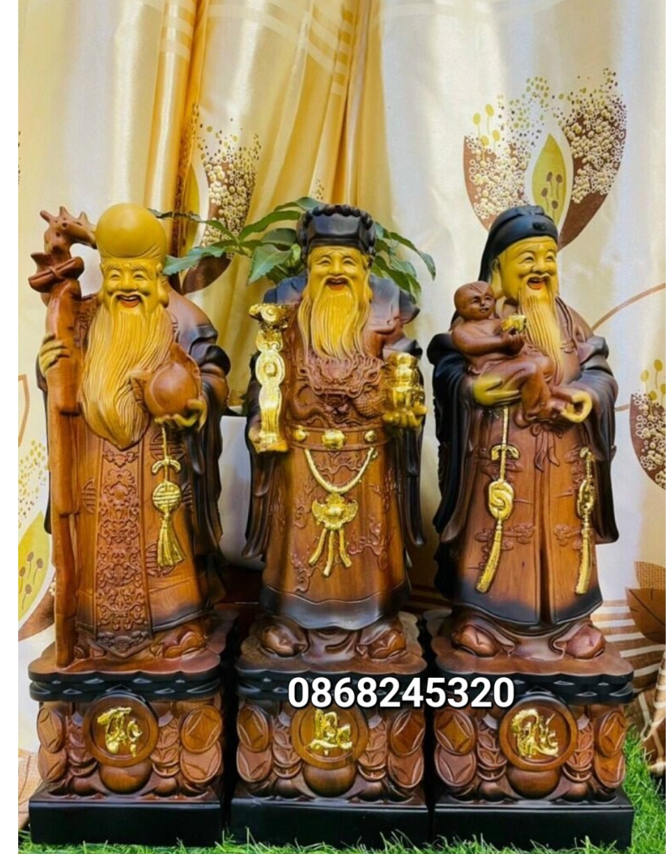 Bộ tượng phật tam đa phúc lộc thọ bằng gỗ hương đá pu giả cổ cao cấp kt cao 60cm