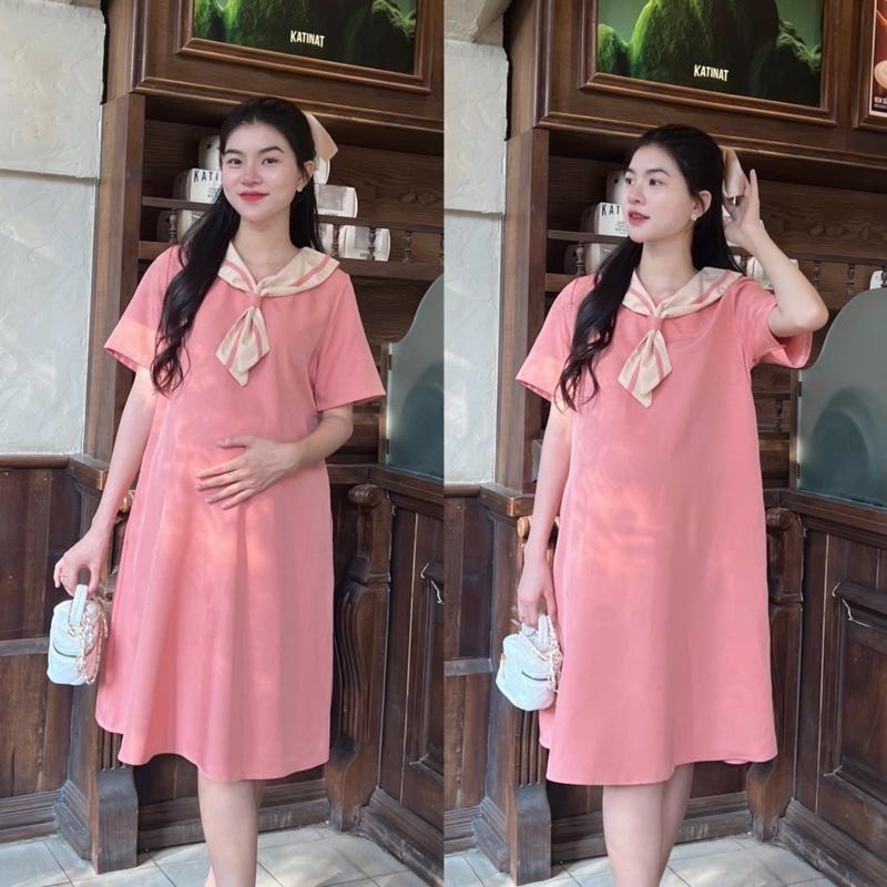 Đầm Bầu Công Sở Vải Trơn Chất Cotton Lạnh Phối Cổ Nơ Dáng Suông Thanh Lịch, Nhẹ Nhàng - Xanh đậu