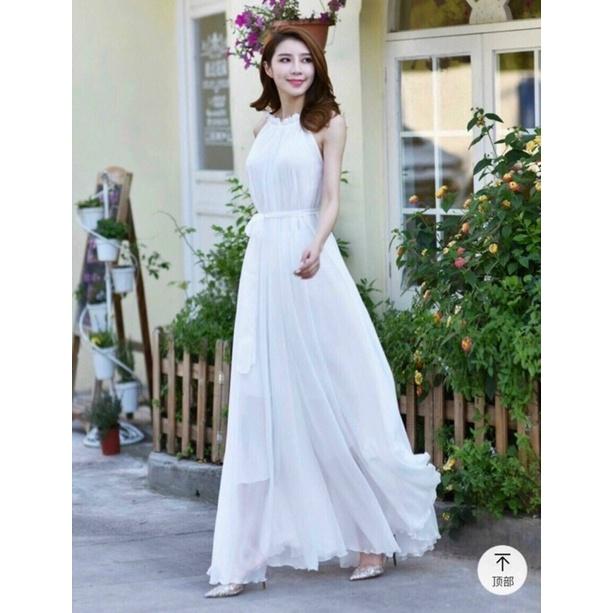 Đầm Maxi suông cổ yếm thắt dây eo