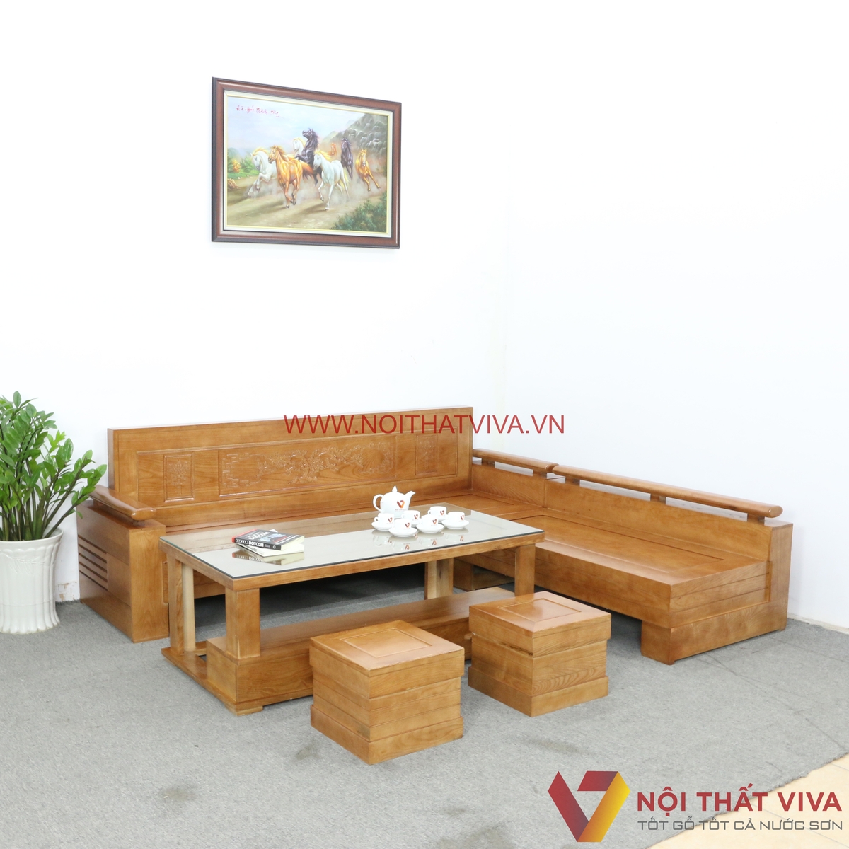 Bộ Sofa Góc Gỗ Sồi Nga Chạm Hoa Văn 5 Món Hiện Đại Bền Đẹp Giá Rẻ