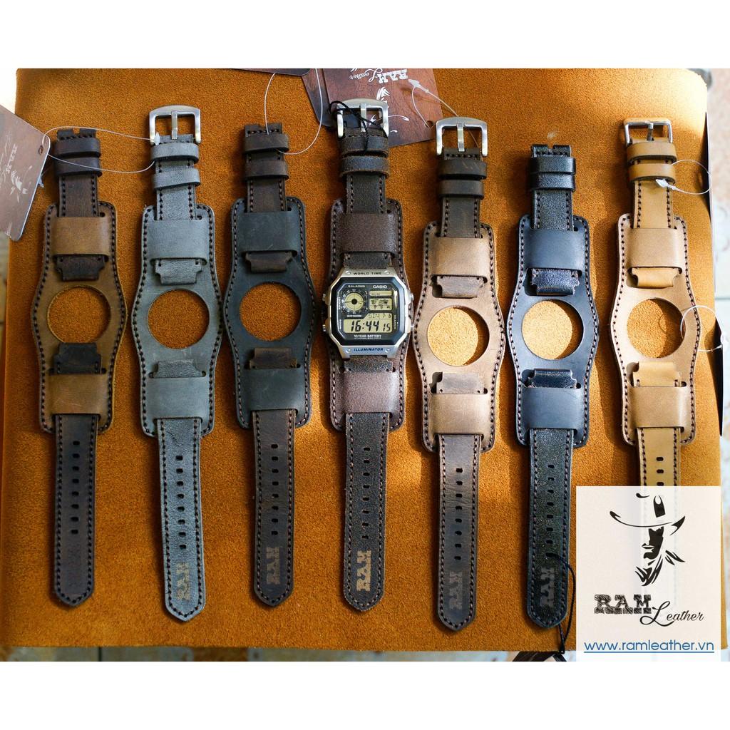 DÂY ĐỒNG HỒ DA BÒ THẬT RAM BUNDTRAP B2+MÀI NHÁM-CHÍNH HÃNG RAM LEATHER-ĐỦ SIZE 18,20,CASIO,APPLE WATCH