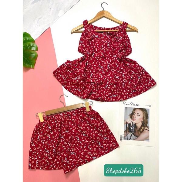 Set đồ nữ,đồ bộ nữ,đồ ngủ mặc nhà đùi vải lụa cổ yếm hoa nhí siêu cute.