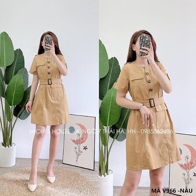 Váy suông kaki túi hộp kèm đai, đầm xuông rộng freesize mã V966 - Michis House - Nâu be
