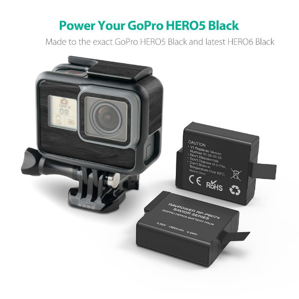 Bộ 2 pin và sạc đôi RavPower RP-PB074 cho Gopro Hero 7 Hero 6 Hero 5 Black - Hàng chính hãng