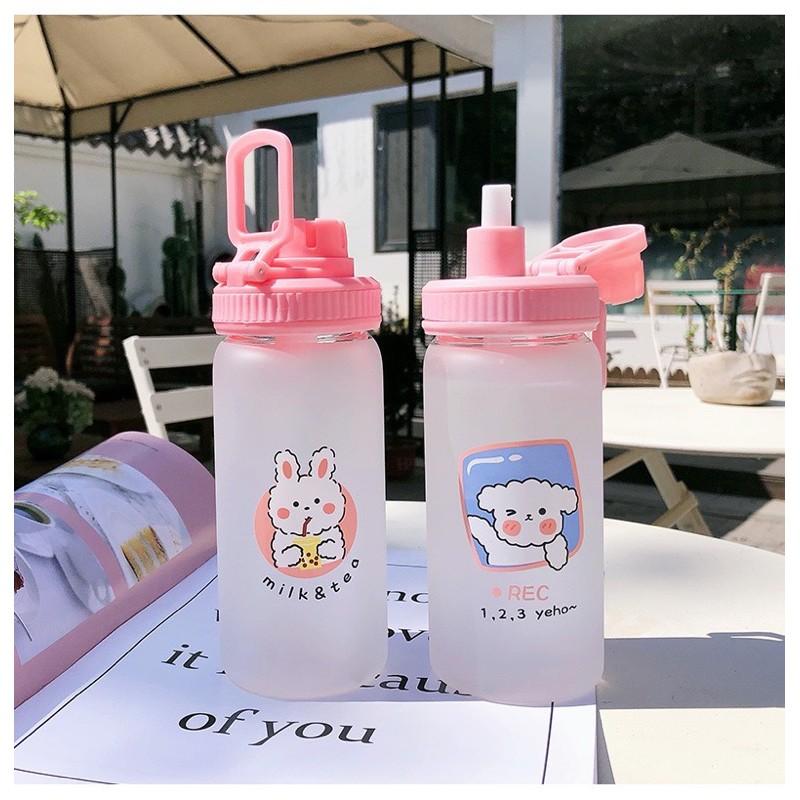 Bình Nước Thủy Tinh 500ml Kèm Ống Hút Và Có Quai Xách Siêu Đáng Yêu