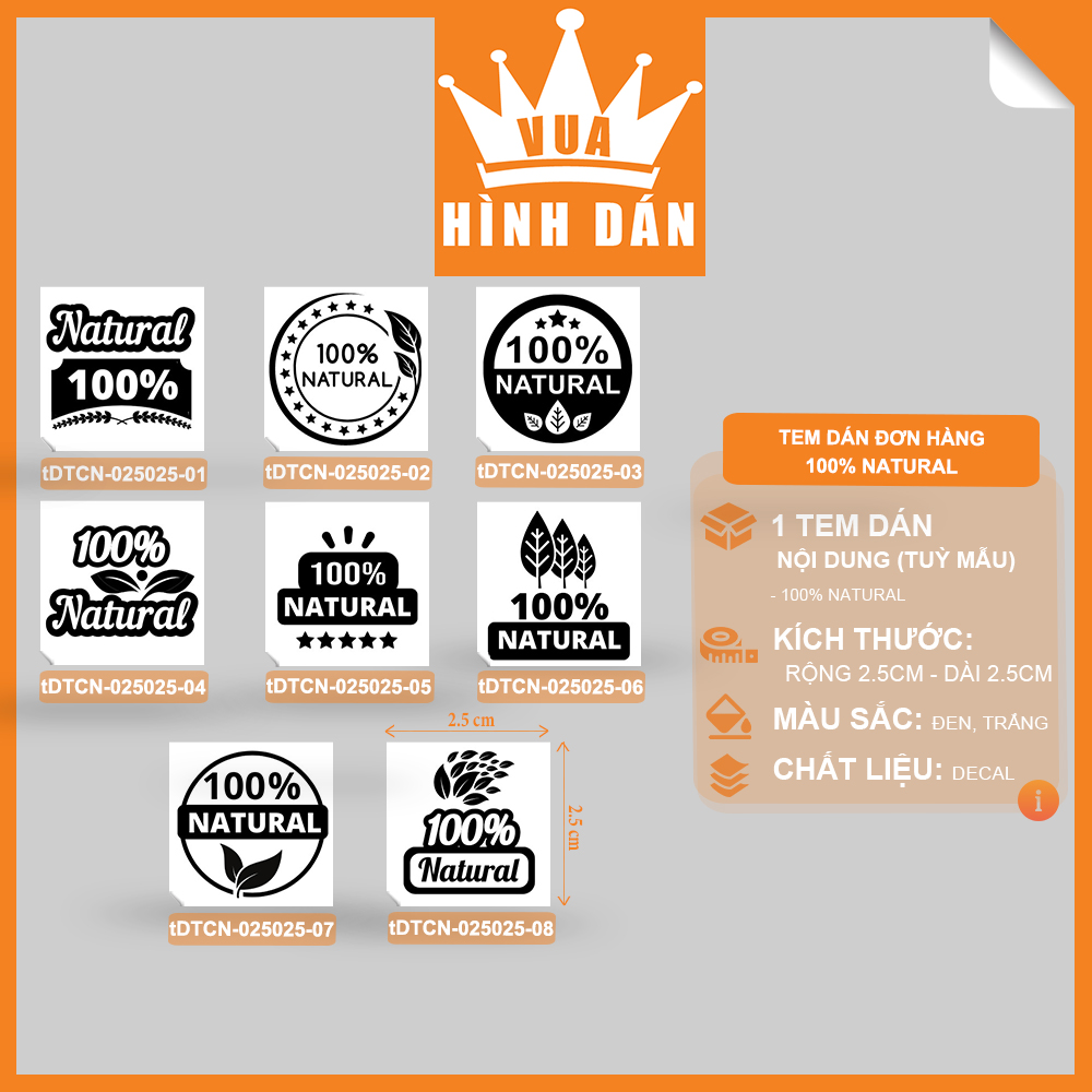 Set 100/200 sticker NATURAL 100% tem dán mini 100% TỰ NHIÊN dành cho shop