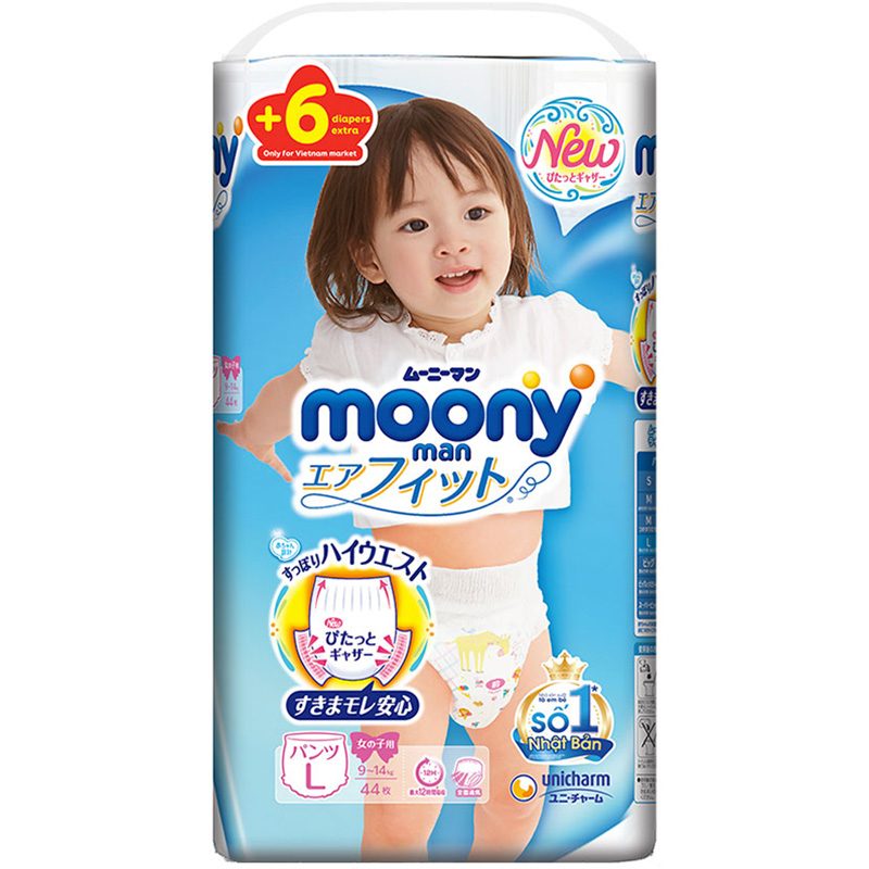 Tã Quần Cao Cấp Moony Nhật Bản Bé Gái L44 (44 Miếng) - Tặng 6 miếng trong gói