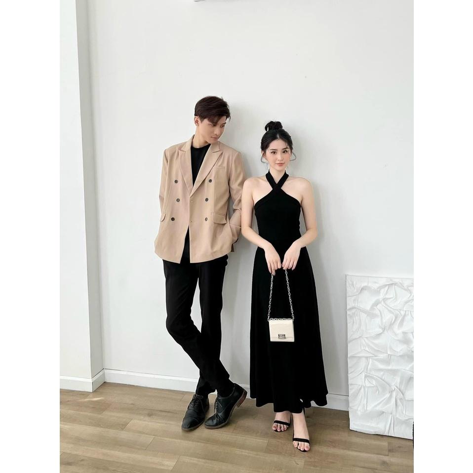 Set đầm midi đen cổ yếm xoắn kèm khoác crop tay dài