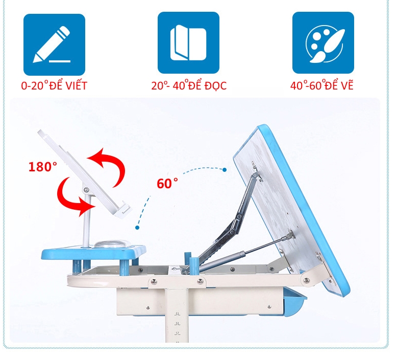 Bàn học thông minh chống gù chống cận T8 STANDARD (cho trẻ 3 - 18 tuổi, chống gù chống cận,mặt bàn nâng được góc 0 - 60 độ, làm bảng viết bút lông,  bàn ghế nâng hạ chiều cao, khuyến mãi tặng đèn Led 3 chế độ sáng chống cận, bàn học sinh, bàn tay quay, bà