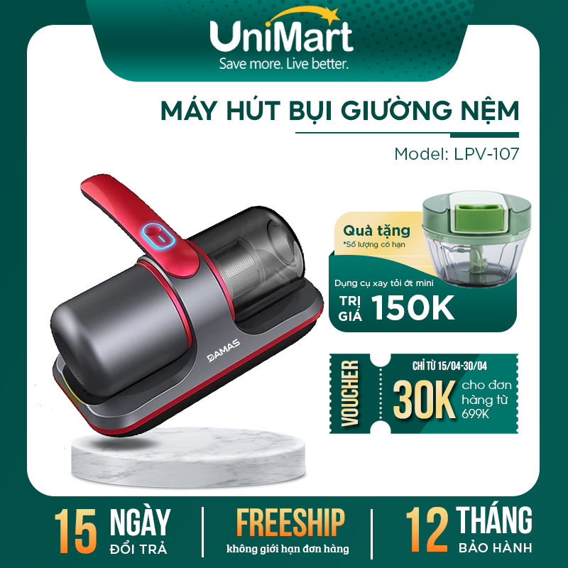 Máy Hút Bụi Cầm Tay Không Dây Damas MY017 - Hút Bụi Giường Nệm Diệt Khuẩn Bằng Tia UV Kết Hợp Tạo Xung Nhịp Tiêu Diệt Lên Đến 99,9% Vi Khuẩn Gây Hại Có Trên Giường Nệm, Sofa - Lực Hút Mạnh Mẽ Lên Đến 12.000PA - Bảo Hành 12 Tháng - Hàng Chính Hãng