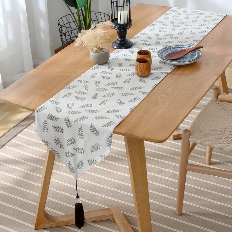 Khăn trải bàn table runner vải bố - Họa tiết Lá xanh - mẫu B04