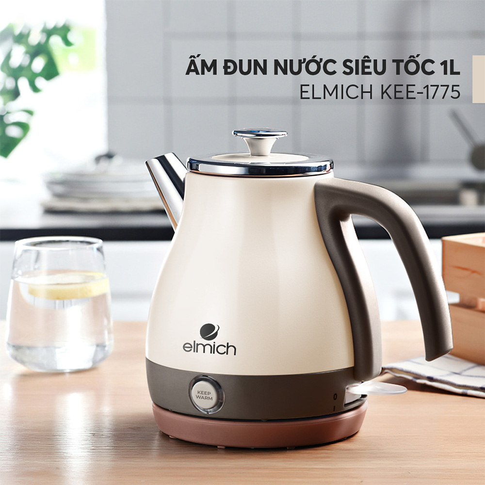 Ấm đun siêu tốc Elmich KEE-1775 (Mầu Kem, Dung Tích 1 Lít, Công Suất 1500W, Có chức năng giữ ấm) - Hàng Chính Hãng