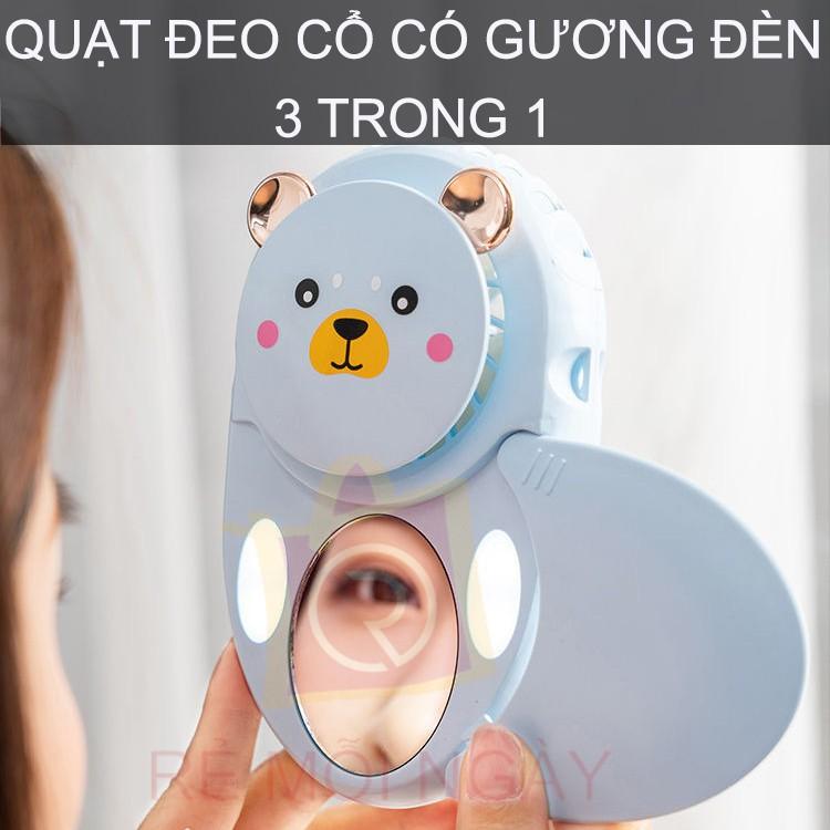 Quạt đeo cổ mini cổng USB, kèm gương trang điểm và đèn tiện lợi 3 trong 1