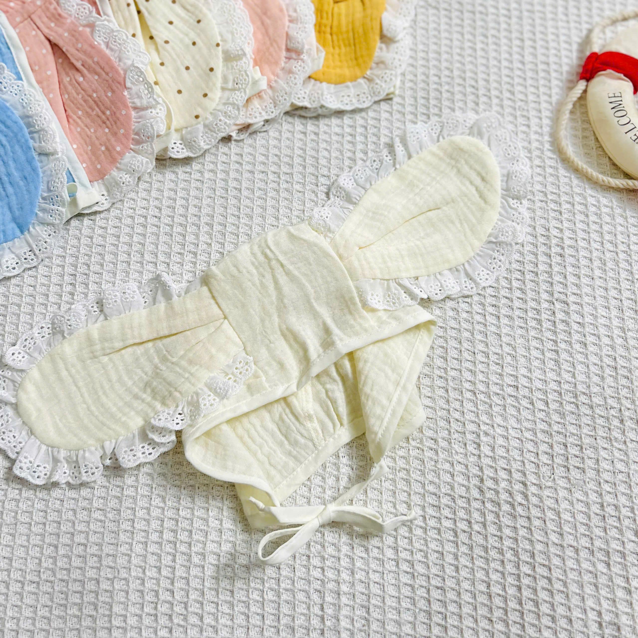 Mũ Nón Tai Thỏ Cột Dây Chất Xô Muslin Mềm, Thoáng, Siêu Cute Cho Bé Gái 1-12 Tháng