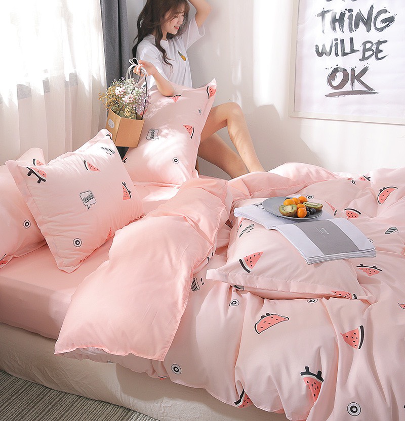 Bộ chăn ga gối cotton LIDACO PL1 - Dưa Hấu Hồng - TẶNG VỎ GỐI ÔM