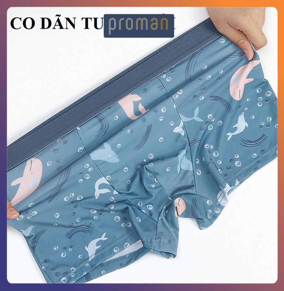 Quần lót nam boxer lụa in hình co dãn 4 chiều, quần sịp đùi nam hoạt hình chất lụa thấm hút SL03 - PROMAN