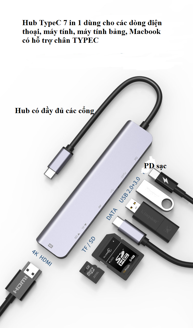 Hub USB Type-C 7in1 Cổng HDMI 4K 60Hz/ USB 3.0/ SD/ TF/ PD  - 7in1-1 60Hz - Hàng nhập khẩu