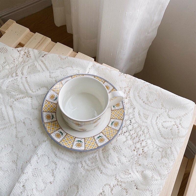 Khăn trải bàn vintage màu trắng phối ren, Tấm vải trải bàn decor trang trí nhà cửa