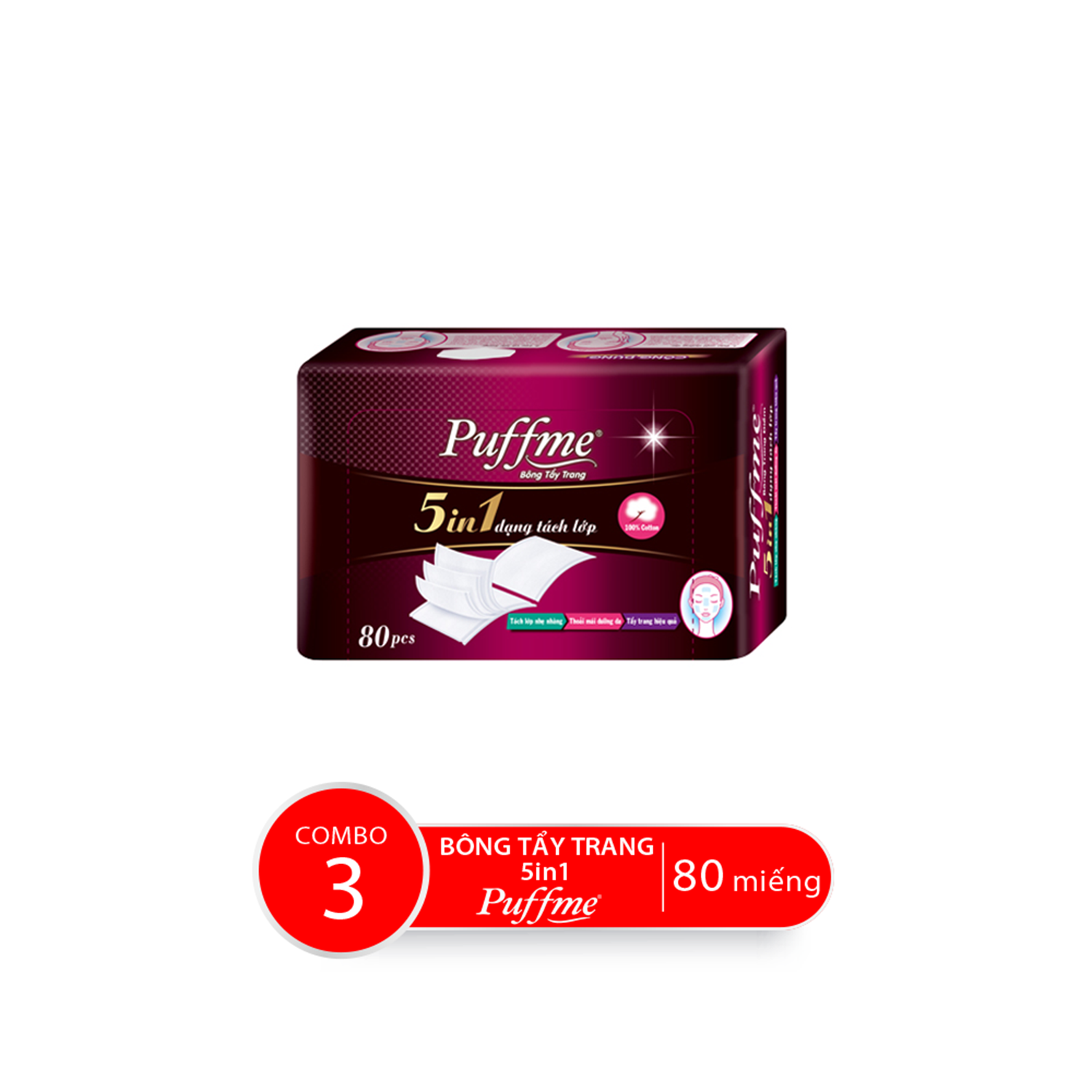 Combo Hộp Bông Tẩy Trang PUFFME 5in1 Cao Cấp 5 Lớp, 80 Miếng/Hộp