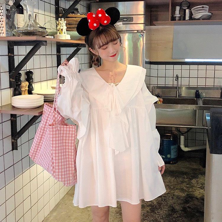 Áo Sơ Mi Nữ Babydoll Dài Tay Cổ Sen Buộc Nơ Tay Bèo