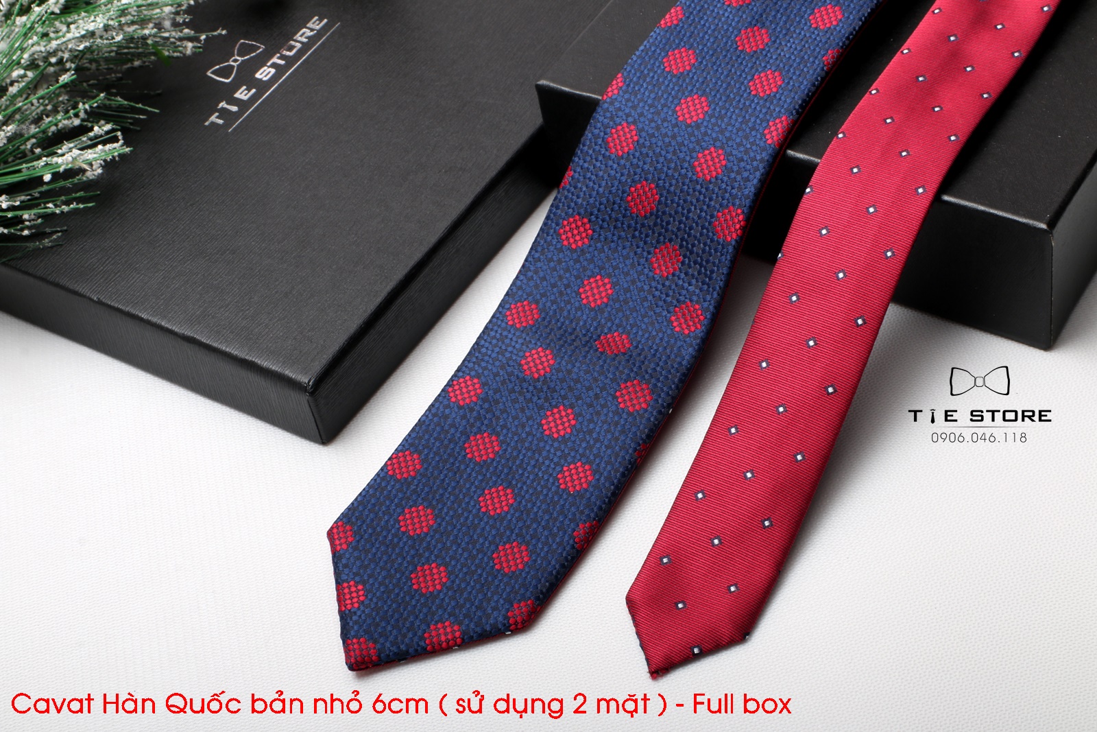 Cà Vạt Nam Bản nhỏ 6cm đen chấm bi đỏ - Cavat Hàn Quốc Cao Cấp Full box