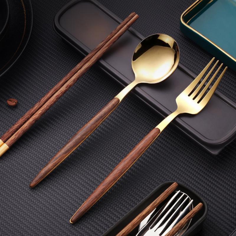 Chén Ăn Di Động Tay Cầm Bằng Gỗ Chén Ăn Inox Ống Đựng Đũa Muỗng Đũa Tập Ăn Du Lịch Dao Kéo Bàn Ăn Có Hộp