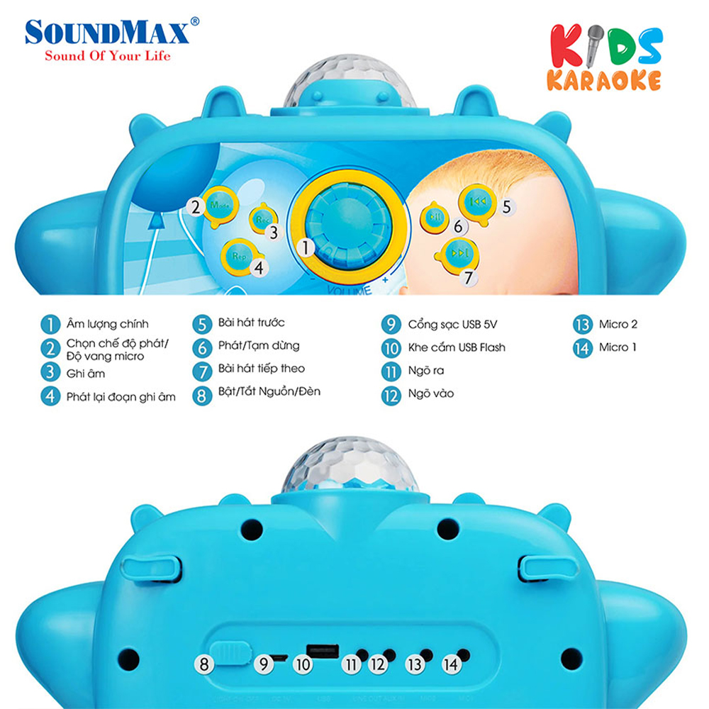 Loa SoundMax Bluetooth KIDS | Loa karaoke trẻ em SoundMax Kids | Loa quà tặng trẻ em | Công suất 20W Hỗ trợ Bluetooth USB karaoke AUX in out Đèn LED RGB Tặng 2 micro có dây - Hàng Chính Hãng