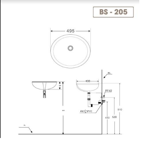 Chậu lavabo rửa mặt âm bàn BS-205 sản phẩm chỉ gồm phần sứ (vòi gắn trên bàn đá)