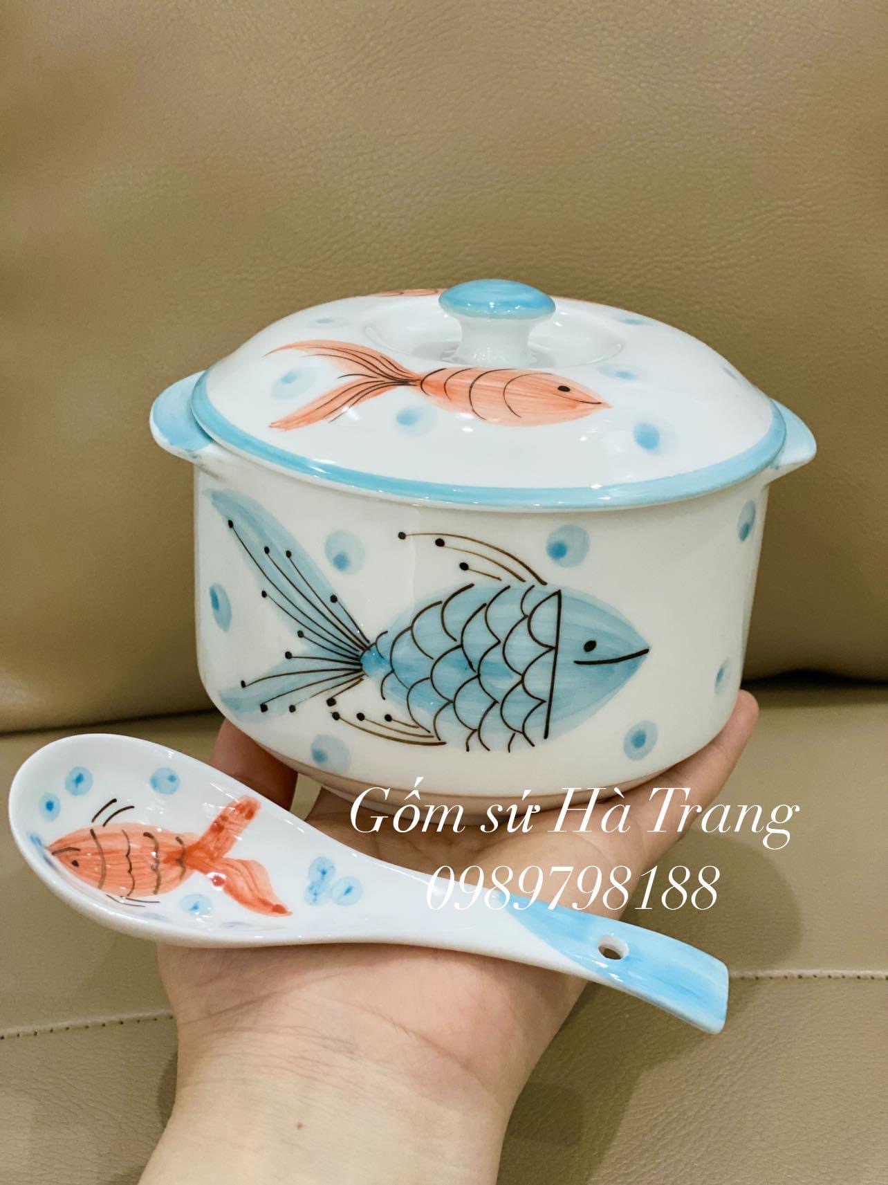 Thố chưng yến dung tích 600ml gốm sứ Bát Tràng cao cấp vẽ hoạ tiết cá kèm thìa