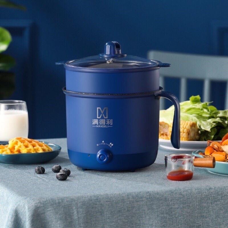 Nồi lẩu điện đa năng chống dính 2 nấc nhiệt kèm giá hấp có tay cầm 18 cm - Nồi lẩu hấp 2 tầng, ca nấu mì, nấu cơm 1,8L