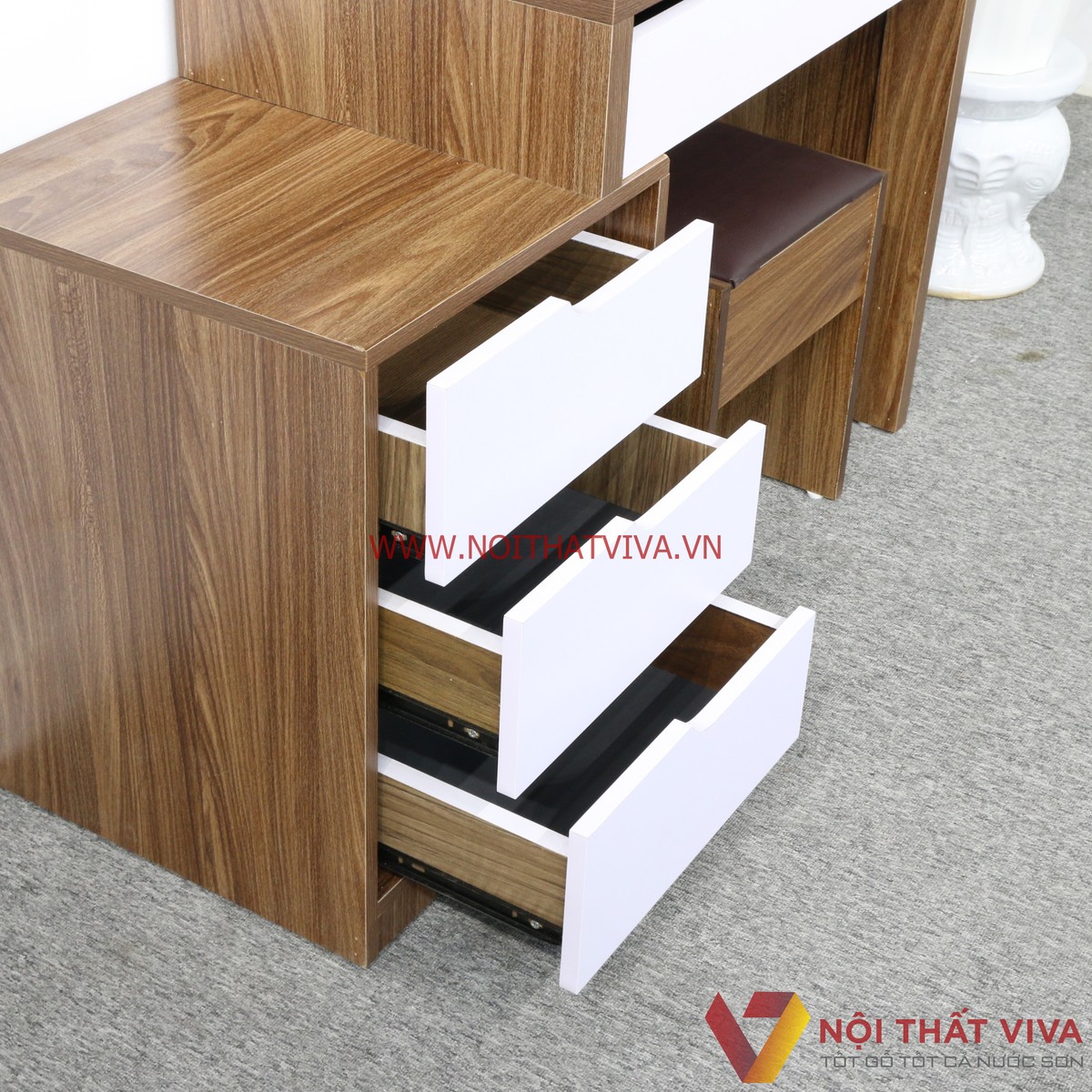 Bàn Trang Điểm 2 Tầng Gỗ MDF Melamine Màu Óc Chó Phối Trắng Hiện Đại