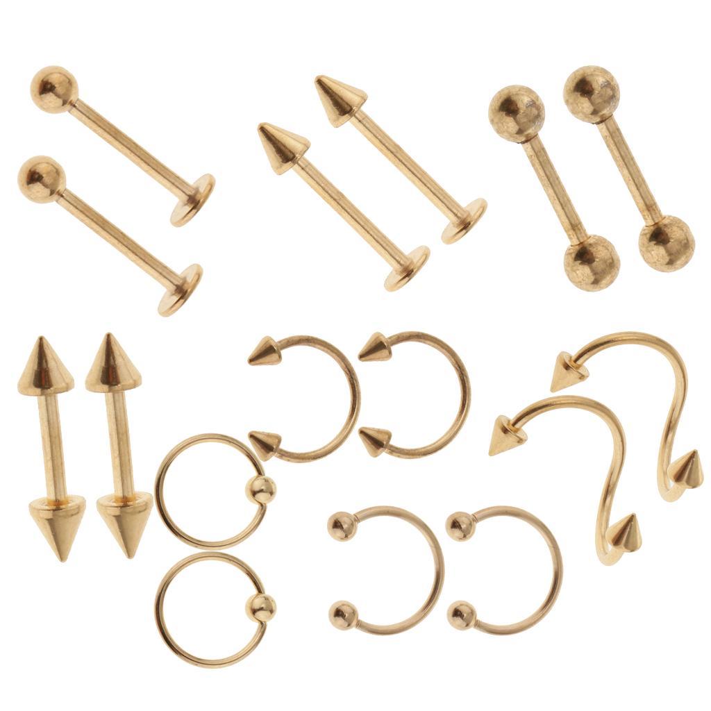 16pcs 16G Stainless Steel Curved Barbell Spike Nose Navel Eyebrow Tongue Ring
