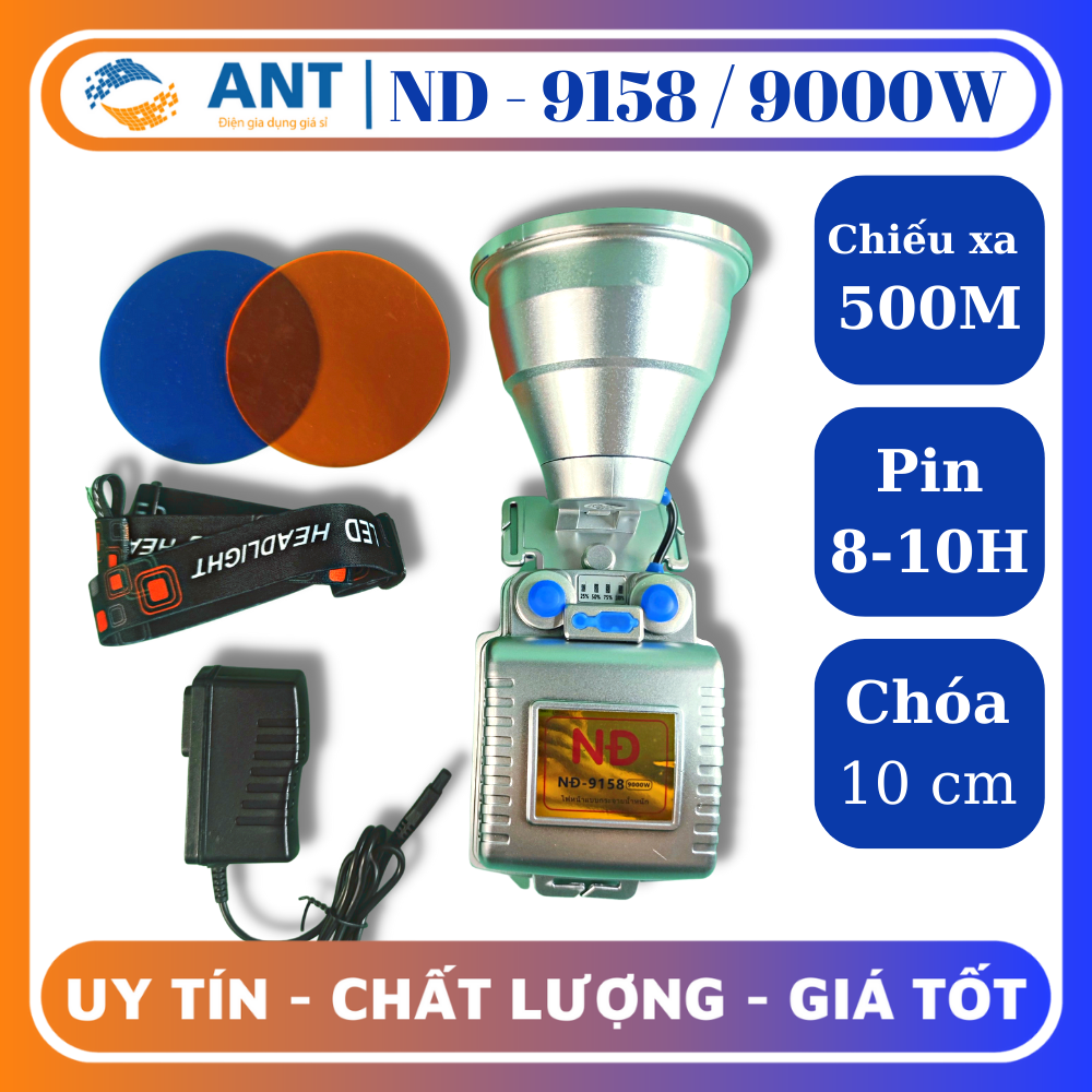 Đèn pin đội đầu siêu sáng, chống nước chiếu xa 500m, chóa 10cm công suất 9000w, thời gian pin 8 - 10h, ND-9158