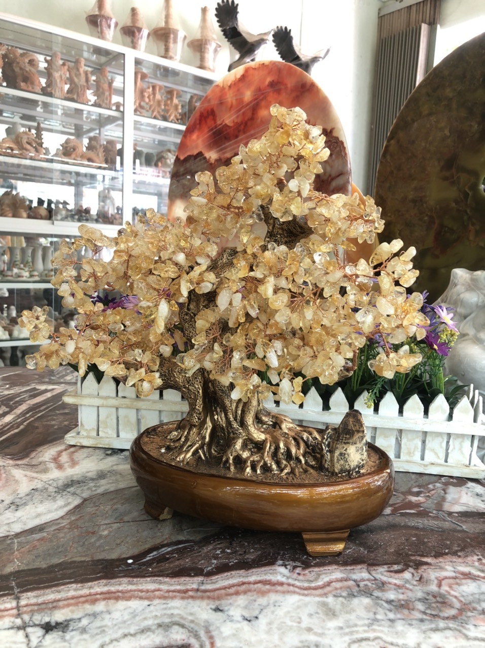 Cây Tài Lộc bonsai phong thủy đá thạch anh vàng - Cao 40 cm