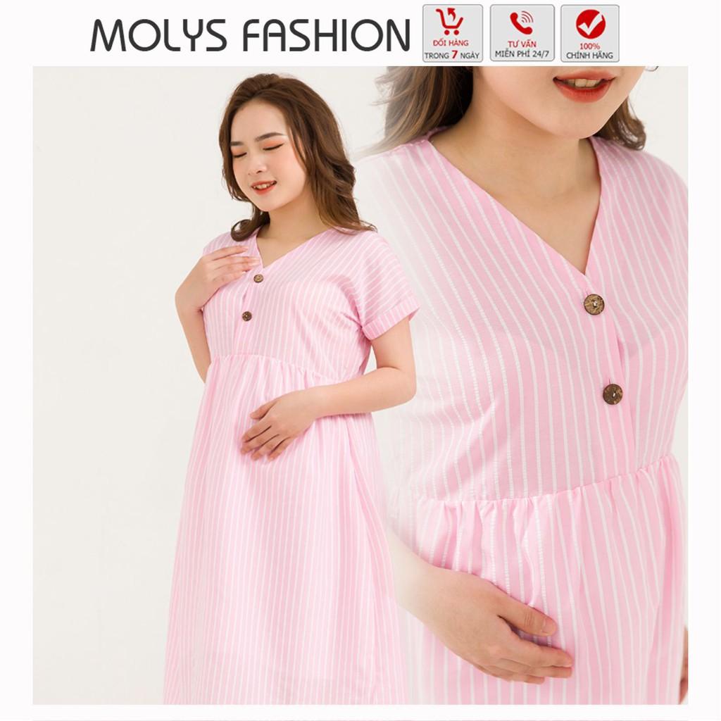 Váy bầu dáng baybydoll MOLYS M2451 cúc giữa vải thô đũi hồng phấn kẻ trắng tôn da checkin đến hết thai kỳ