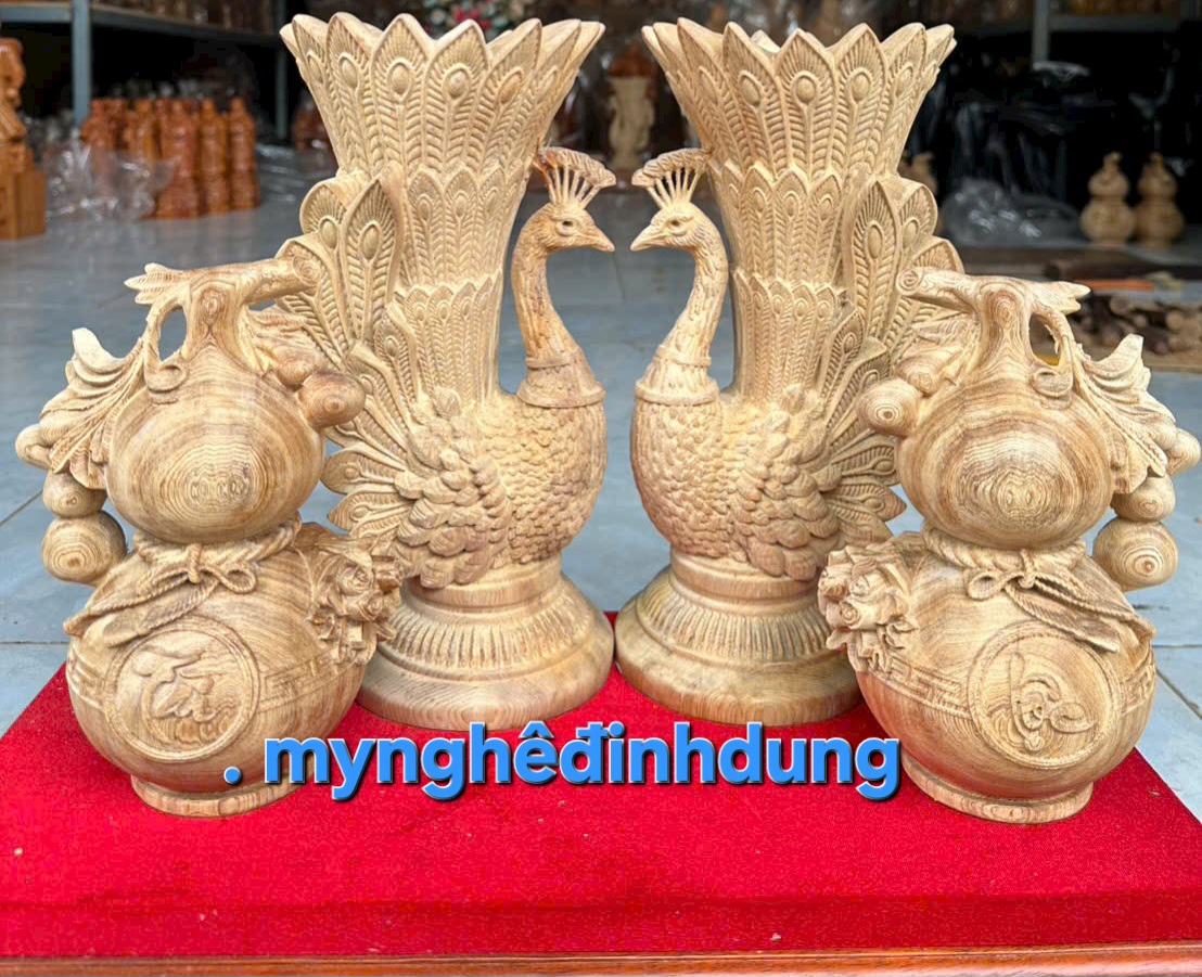 Combo cặp chim công cắm hoa cao 30 cặp hồ lô cao 20cm bằng gỗ ngọc Am thơm nức