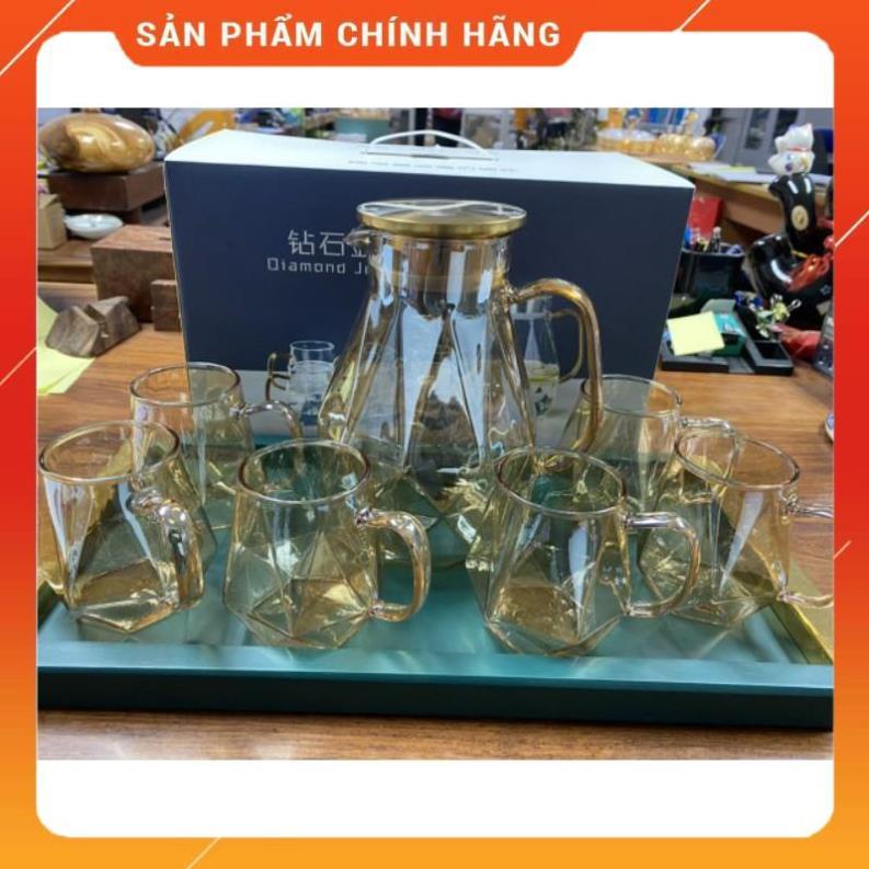 Bộ Bình 6 Ly Thủy Tinh Chịu Nhiệt Ánh Vàng, Bộ bình nước thủy tinh 1800ml - Gia Dụng Đức Minh