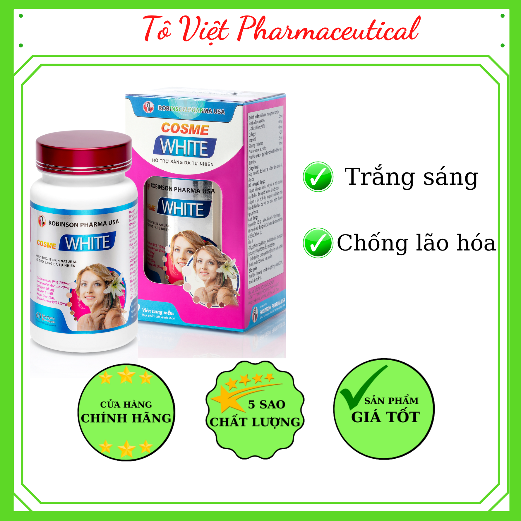 TPCN- Robinson Pharma USA- Cosme white - Viên uống dưỡng trắng da, mặt, body, mờ thâm, nám, trắng sáng toàn thân tự nhiên (60 viên)