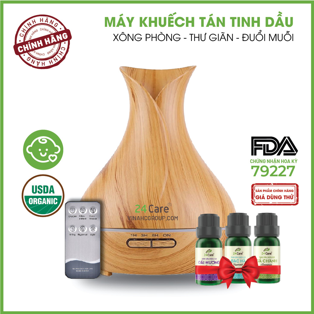 Máy khuếch tán Tinh Dầu 24Care Tulip Vàng Ultrasonic 500ml , Tặng 3 Chai Tinh dầu Sả Chanh + Bạc Hà + Oải Hương 24Care 10ml | Xông Phòng | Kèm Remote Điều Khiển |Công nghệ siêu âm.