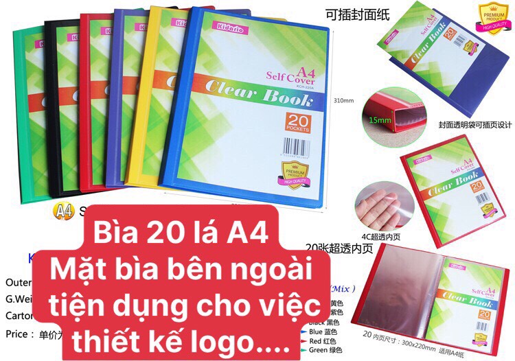 Bìa Nhựa A4-20 Lá Đựng Hồ Sơ, Bản Vẽ Chống Thấm Nước, Bên Ngoài Có Ngăn Đựng Giấy Trong Suốt Tiện Lợi KCH-220A