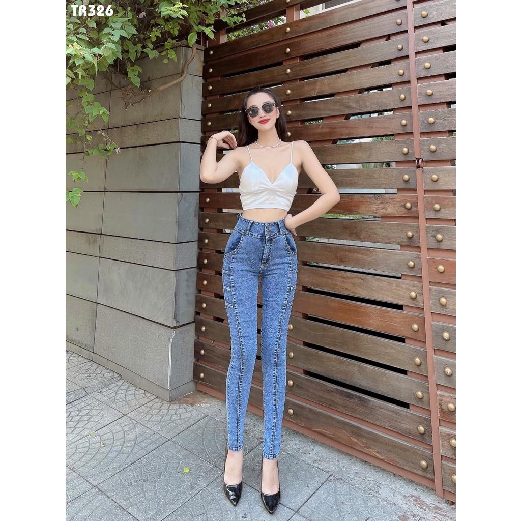 Quần Jeans Nữ Lưng Cao Co giãn Phối Kiểu Thời Trang