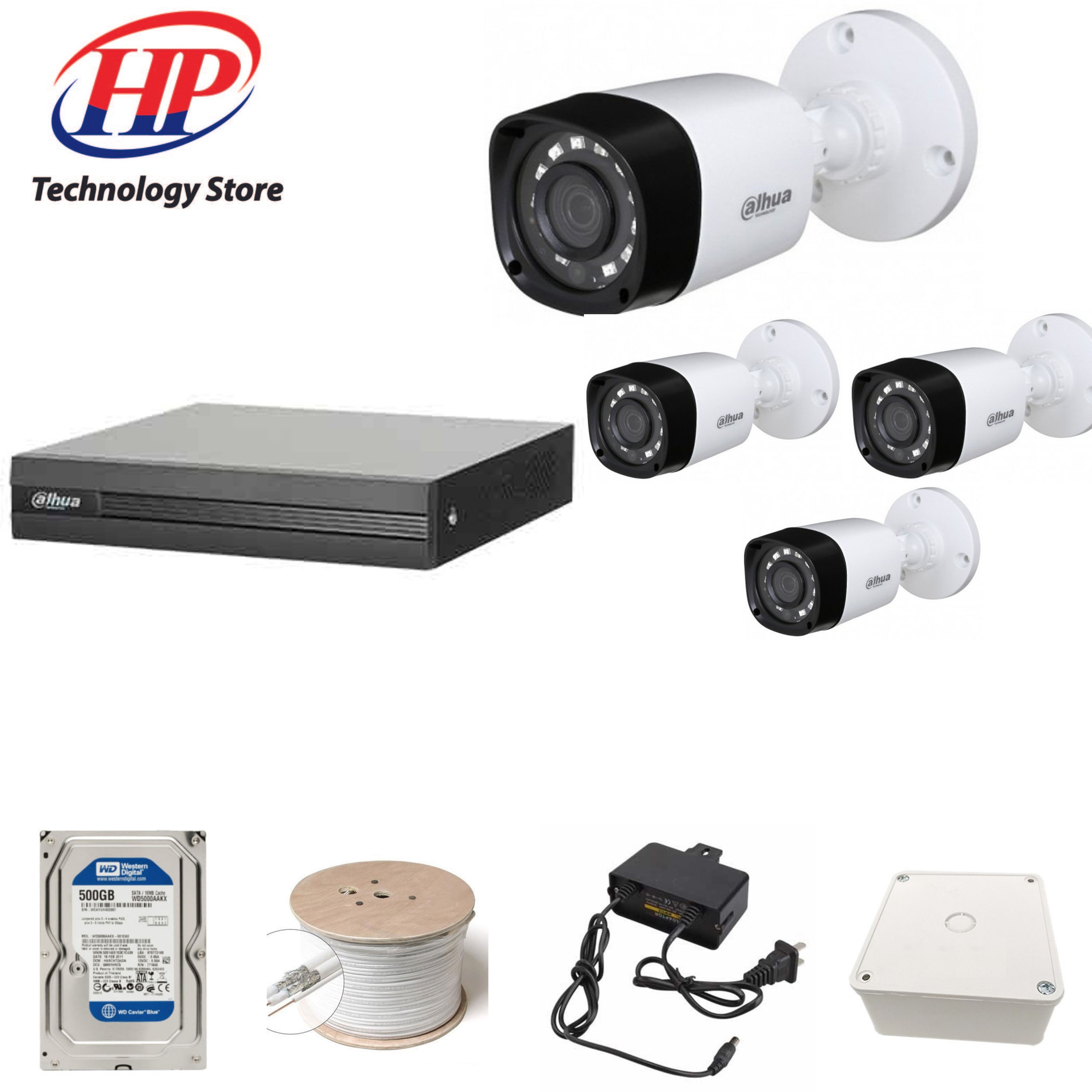 Trọn bộ 4 camera DH-HAC-B1A21P Đầu thu 4 cổng XVR1B04 đầy đủ phụ kiện, Hàng chính hãng