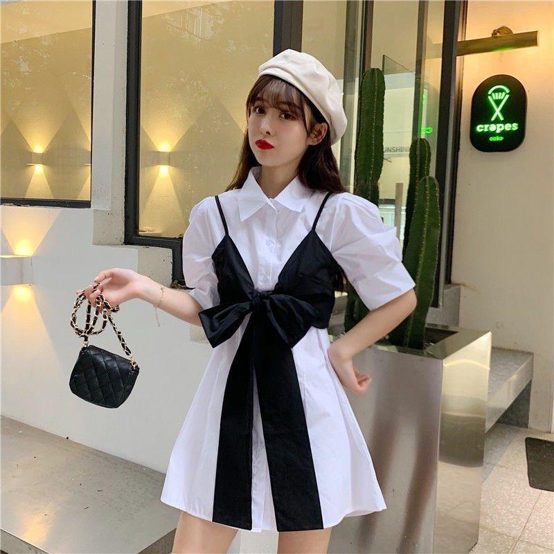 Bộ Đầm Sơ mi Nữ Phối Yếm Nơ Cúc Cài Cộc Tay 3 Màu Q073