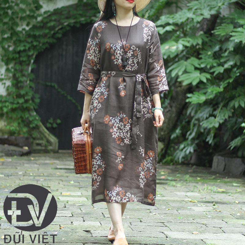 Đầm Hoa Dáng Suông Tay Lửng Cổ Điển Cho Nữ, Đầm Linen Túi Hông Kèm Dây thắt eo Đũi Việt DV181